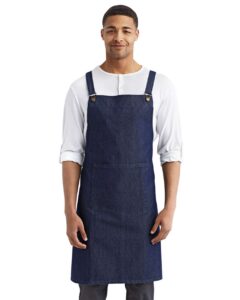 Artisan Collection by Reprime RP129 Cross Back Barista Bib Apron – Indigo Denim (on model)