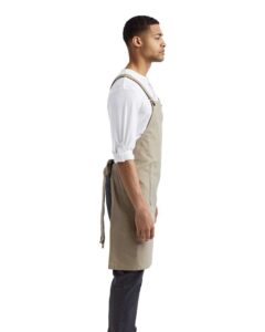 Artisan Collection by Reprime RP129 Cross Back Barista Bib Apron – Khaki (on model side)