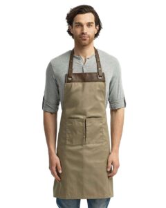 Artisan Collection by Reprime RP123 Espresso Bib Apron – Khaki/ Brown (on model)