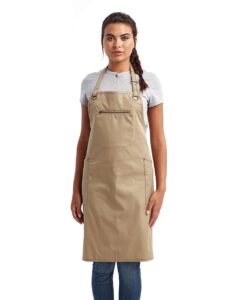 Artisan Collection by Reprime RP121 Barley Contrast Stitch Recycled Bib Apron – Khaki/ Brown (on model)