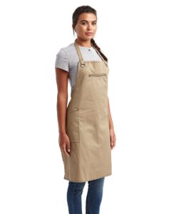 Artisan Collection by Reprime RP121 Barley Contrast Stitch Recycled Bib Apron – Khaki/ Brown (on model side)