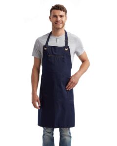 Artisan Collection by Reprime RP121 Barley Contrast Stitch Recycled Bib Apron – Navy/ Camel (on model)