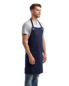 Artisan Collection by Reprime RP121 Barley Contrast Stitch Recycled Bib Apron – Navy/ Camel (on model side)