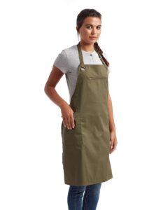 Artisan Collection by Reprime RP121 Barley Contrast Stitch Recycled Bib Apron – Olive/ Chestnut (on model side)