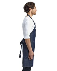 Artisan Collection by Reprime RP126 Jeans Stitch Denim Bib Apron – Indigo Denim (on model side)