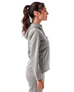 TriDri TD498 Women’s Spun Dyed Full-Zip Hooded Sweatshirt – Grey Melange (on model side)