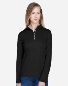 Devon & Jones DG479W Women’s DRYTEC20™ Performance Quarter-Zip Pullover – Black/ Grey Heather/ Graphite (on model)