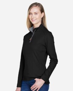 Devon & Jones DG479W Women’s DRYTEC20™ Performance Quarter-Zip Pullover – Black/ Grey Heather/ Graphite (on model side)