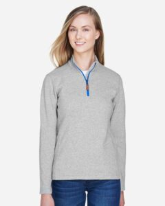 Devon & Jones DG479W Women’s DRYTEC20™ Performance Quarter-Zip Pullover – Grey Heather/ Grey H/ French Blue (on model)