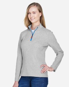 Devon & Jones DG479W Women’s DRYTEC20™ Performance Quarter-Zip Pullover – Grey Heather/ Grey H/ French Blue (on model side)
