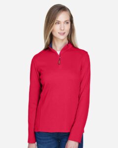 Devon & Jones DG479W Women’s DRYTEC20™ Performance Quarter-Zip Pullover – Red/ Navy/ Red (on model)