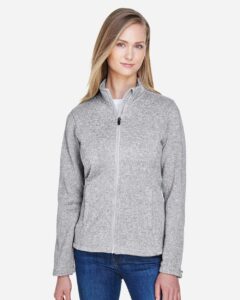 Devon & Jones DG793W Women’s Bristol Full-Zip Sweater Fleece Jacket – Grey Heather (on model)