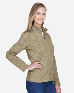 Devon & Jones DG793W Women’s Bristol Full-Zip Sweater Fleece Jacket – Khaki Heather (on model side)