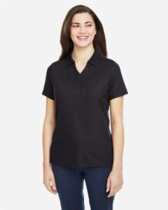 CORE365 CE112W Women’s Fusion ChromaSoft™ Pique Polo – Black (on model)