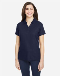 CORE365 CE112W Women’s Fusion ChromaSoft™ Pique Polo – Classic Navy (on model)