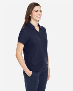 CORE365 CE112W Women’s Fusion ChromaSoft™ Pique Polo – Classic Navy (on model side)
