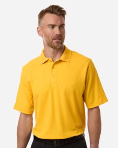 CORE365 CE106 Men’s Resolve CVC Performance Pique Polo – Campus Gold (on model)