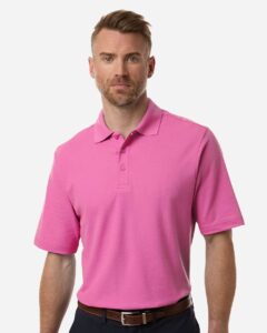 CORE365 CE106 Men’s Resolve CVC Performance Pique Polo – Charity Pink (on model)