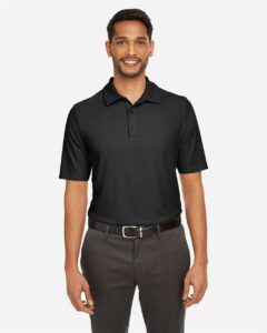 CORE365 CE112 Men’s Fusion ChromaSoft™ Pique Polo – Black (on model)