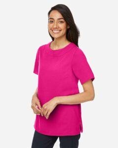Devon & Jones DP613W Women’s Perfect Fit™ Boat Neck Blouse – Crown Raspberry (on model side)