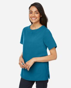 Devon & Jones DP613W Women’s Perfect Fit™ Boat Neck Blouse – Dark Teal (on model side)