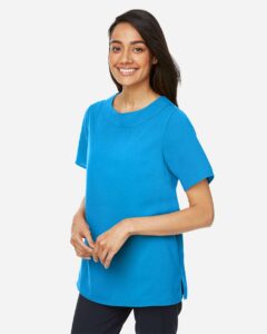 Devon & Jones DP613W Women’s Perfect Fit™ Boat Neck Blouse – Ocean Blue (on model side)