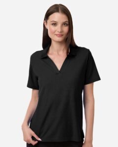 CORE365 CE106W Women’s Resolve CVC Performance Pique Polo – Black (on model)