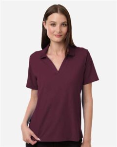 CORE365 CE106W Women’s Resolve CVC Performance Pique Polo – Burgundy (on model)