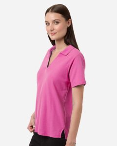 CORE365 CE106W Women’s Resolve CVC Performance Pique Polo – Charity Pink (on model side)