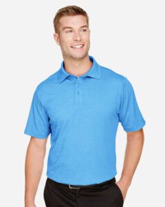 Devon & Jones DG22 Men’s CrownLux Performance® Address Mélange Polo – Ocean Blue Melange (on model)