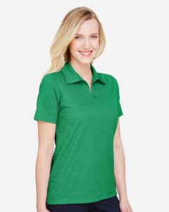 Devon & Jones DG22W Women’s CrownLux Performance® Address Melange Polo – Kelly Green Melange (on model side)