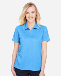 Devon & Jones DG22W Women’s CrownLux Performance® Address Melange Polo – Ocean Blue Melange (on model)