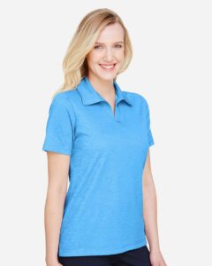 Devon & Jones DG22W Women’s CrownLux Performance® Address Melange Polo – Ocean Blue Melange (on model side)