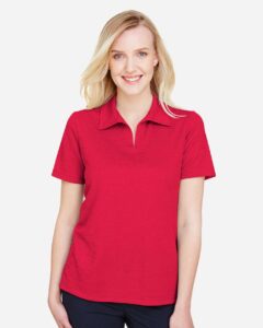 Devon & Jones DG22W Women’s CrownLux Performance® Address Melange Polo – Red Melange (on model)