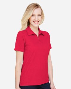 Devon & Jones DG22W Women’s CrownLux Performance® Address Melange Polo – Red Melange (on model side)