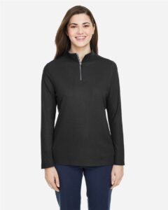 CORE365 CE405W Women’s Fusion ChromaSoft™ Pique Quarter-Zip Pullover – Black (on model)