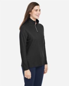 CORE365 CE405W Women’s Fusion ChromaSoft™ Pique Quarter-Zip Pullover – Black (on model side)