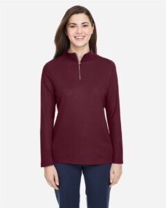 CORE365 CE405W Women’s Fusion ChromaSoft™ Pique Quarter-Zip Pullover – Burgundy (on model)