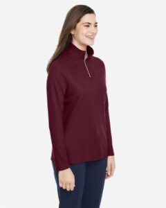 CORE365 CE405W Women’s Fusion ChromaSoft™ Pique Quarter-Zip Pullover – Burgundy (on model side)