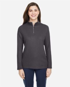 CORE365 CE405W Women’s Fusion ChromaSoft™ Pique Quarter-Zip Pullover – Carbon (on model)