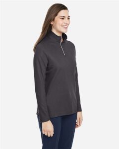 CORE365 CE405W Women’s Fusion ChromaSoft™ Pique Quarter-Zip Pullover – Carbon (on model side)