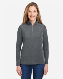 CORE365 CE405W Women’s Fusion ChromaSoft™ Pique Quarter-Zip Pullover – Carbon Heather (on model)