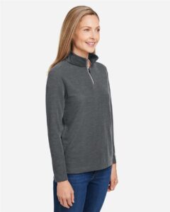 CORE365 CE405W Women’s Fusion ChromaSoft™ Pique Quarter-Zip Pullover – Carbon Heather (on model side)
