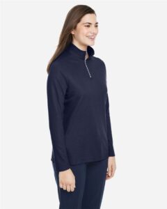 CORE365 CE405W Women’s Fusion ChromaSoft™ Pique Quarter-Zip Pullover – Classic Navy (on model side)