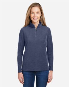 CORE365 CE405W Women’s Fusion ChromaSoft™ Pique Quarter-Zip Pullover – Classic Navy Heather (on model)