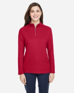 CORE365 CE405W Women’s Fusion ChromaSoft™ Pique Quarter-Zip Pullover – Classic Red (on model)