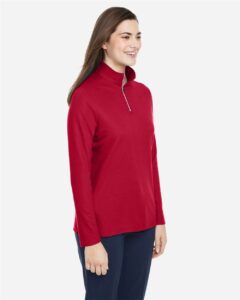CORE365 CE405W Women’s Fusion ChromaSoft™ Pique Quarter-Zip Pullover – Classic Red (on model side)