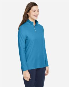 CORE365 CE405W Women’s Fusion ChromaSoft™ Pique Quarter-Zip Pullover – Electric Blue (on model side)