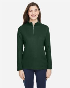 CORE365 CE405W Women’s Fusion ChromaSoft™ Pique Quarter-Zip Pullover – Forest (on model)
