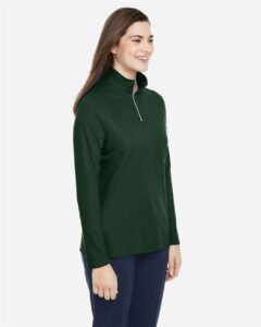 CORE365 CE405W Women’s Fusion ChromaSoft™ Pique Quarter-Zip Pullover – Forest (on model side)